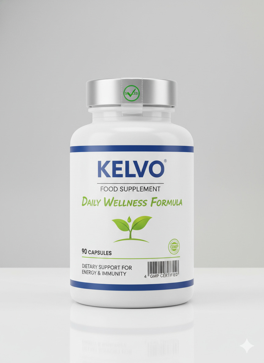 Kelvo food supplement bottle with printed label and sealed cap
